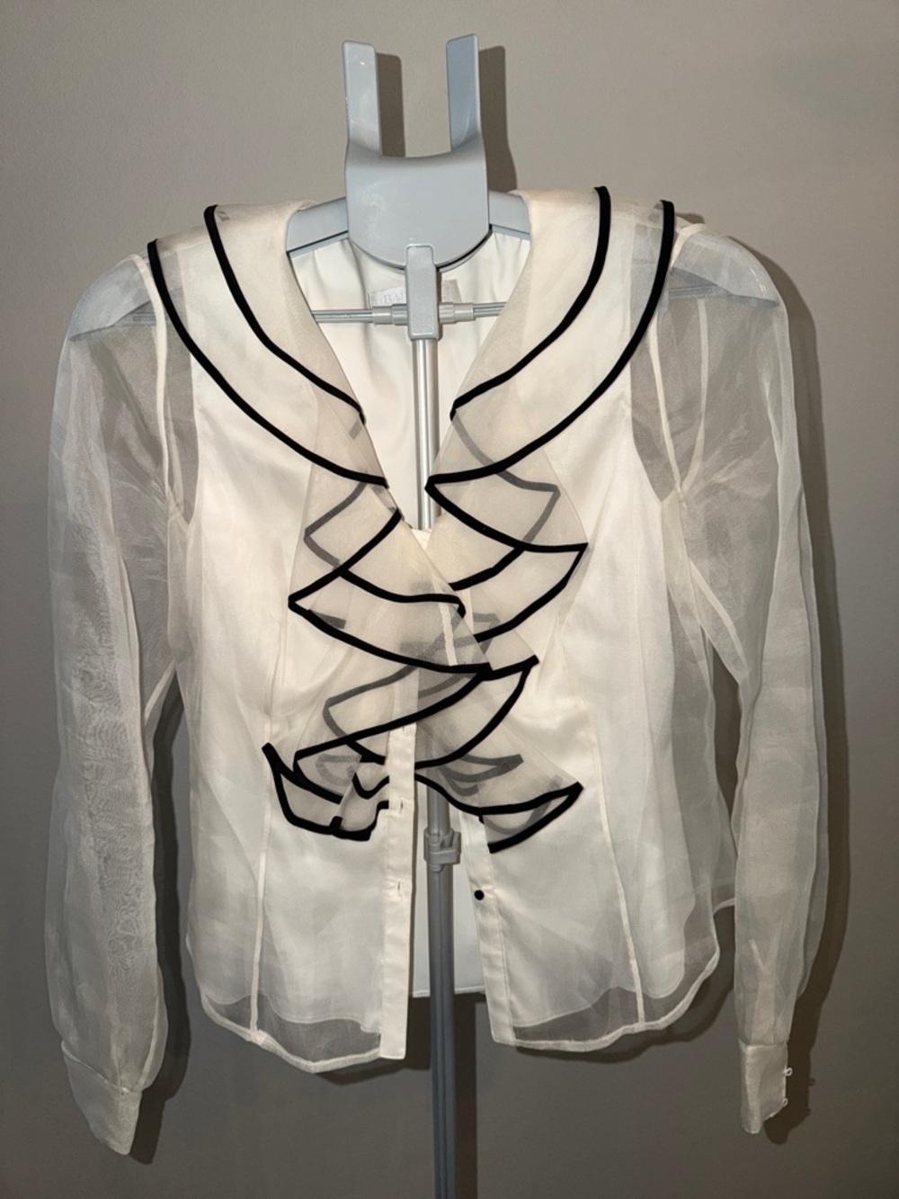 Badgley Mischka Vintage White Sheer Ruffle Blouse with Black Trim